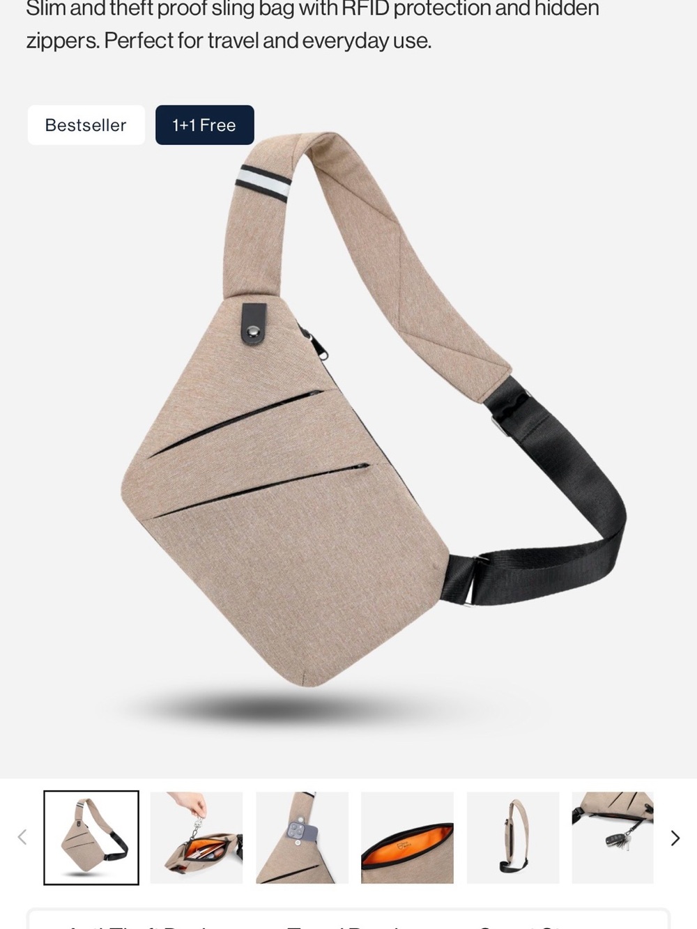 Peaksta Slim Sling Bag - Beige Crossbody with Black Strap